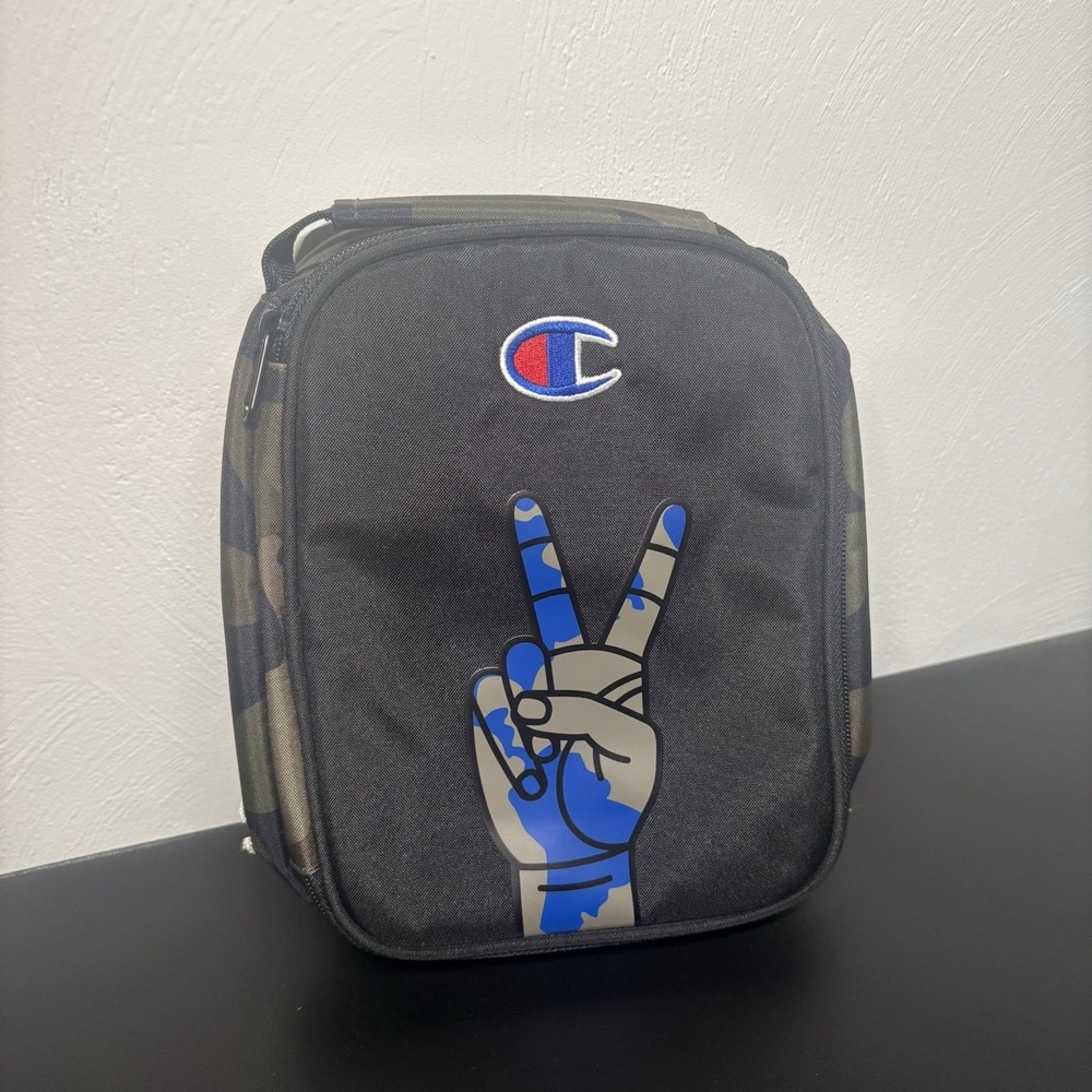 Champion Camo Blue Peace Sign Lunch‎ Bag Tote Pouch School Handle